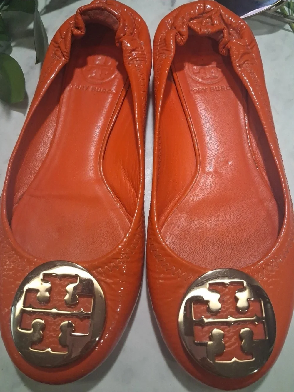 Tory Burch Orange Leather Logo Ballet Flats